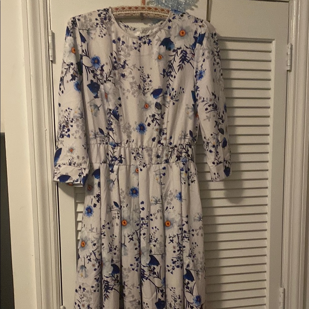 Floral Print Dress with Blue and Orange Accents